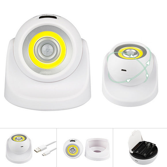 Battery Powered / USB Rechargeable 360 Degree Rotation COB PIR Motion Sensor Night Light Corridor