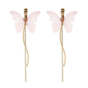 Sweet Pink Butterfly Arc Line Tassel Pendant Ear Clip Drop Earrings Fashion Jewelry for Women