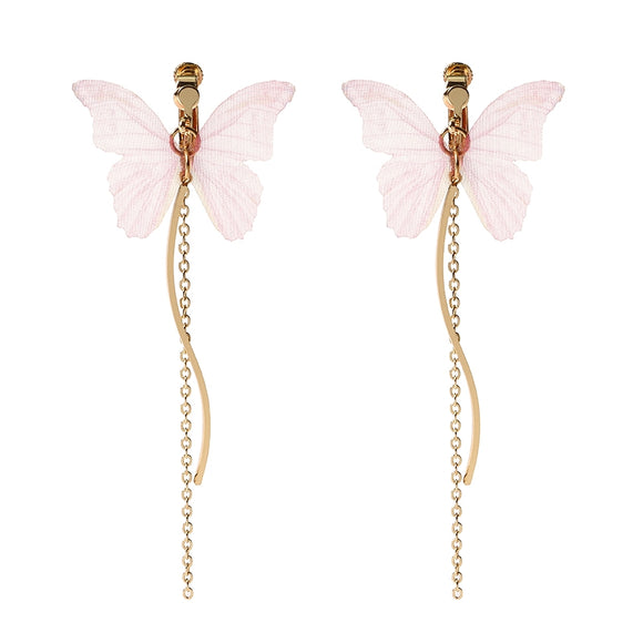 Sweet Pink Butterfly Arc Line Tassel Pendant Ear Clip Drop Earrings Fashion Jewelry for Women