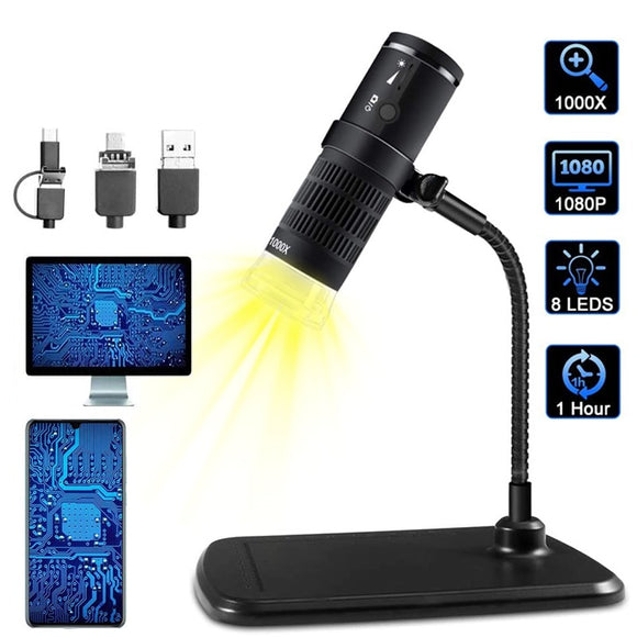 3-In-1 Handheld 1000X Magnifier USB Microscope 8Led Smart Touch Take Photo Video