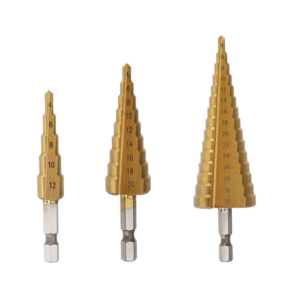 3Pcs 1/4 Inch Hex Shank HSS Titanium Coated Step Drill Bit Set 4-12/4-20/4-32mm in Pouch