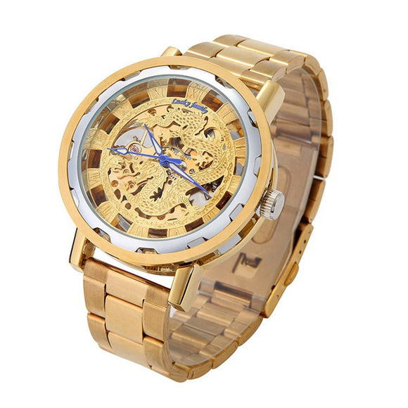 LUCKYFAMILY Luxury Hollow Chinese Dragon Automatic Mechanical Analog Men Watch