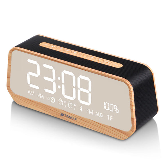 Sansui T26 LED Display Mirror Alarm Clock TF Card AUX FM Radio Bass Bluetooth Speaker