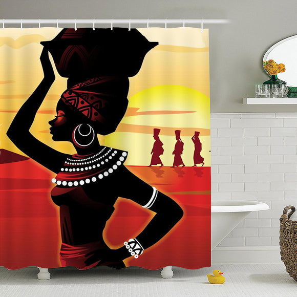 African Girl Waterproof Bathroom Shower Curtains with C-shaped Curtain Hooks