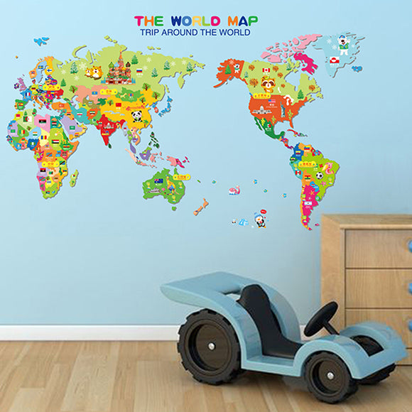 Kids World Anmials National Flag Map Wall Stickers Cartoon Children Room Decor