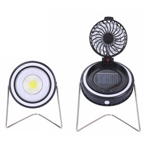 Portable 2 in 1 Outdoor Solar Power USB Rechargeable COB LED Camping Tent Light with Rotation Fan