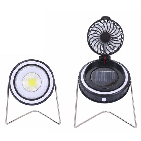 Portable 2 in 1 Outdoor Solar Power USB Rechargeable COB LED Camping Tent Light with Rotation Fan
