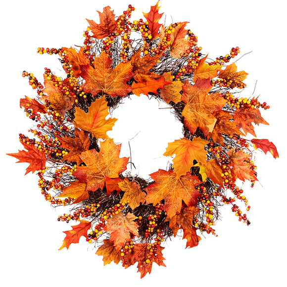 Rattan Maple Wreath Garland Leaves Berry Door Hanging Decor For Christmas Party Decorations