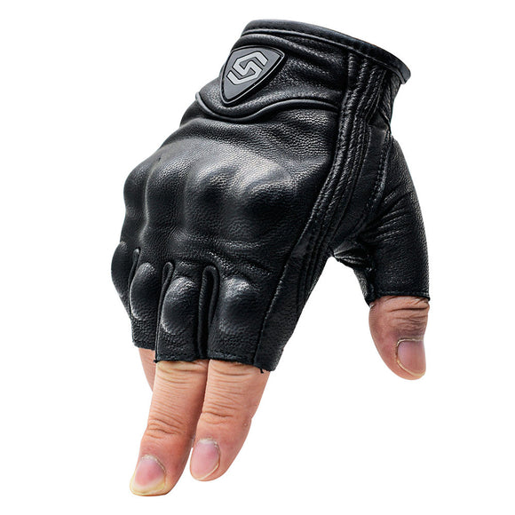WUPP Motorcycle Half Finger Leather Riding Gloves Breathable Off-Road Racing Sport Black Fingerless Gloves