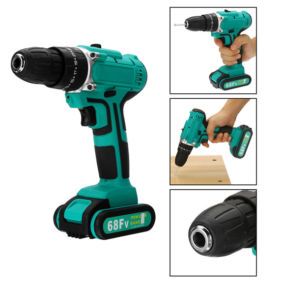 68FV Household Lithium Electric Screwdriver 2 Speed Impact Power Drills Rechargeable Drill Driver W/ 2 Li-ion Batteries