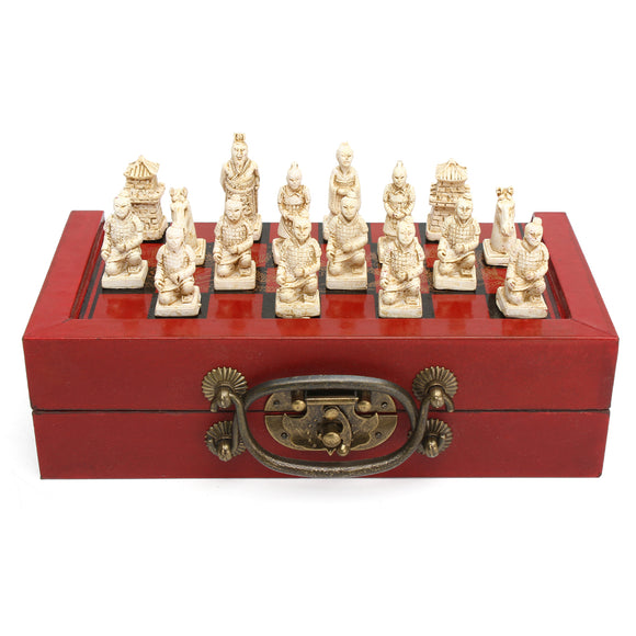 32 Pcs Terra Cotta Warriors Figure Chess Set with Chinese Wood Leather Box Board Games