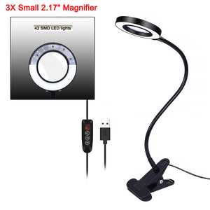 Flexible 3X USB 3 Colors Lamp Magnifier Clip-on Table Top Desk LED Reading Large Lens Illuminated Magnifying Glass