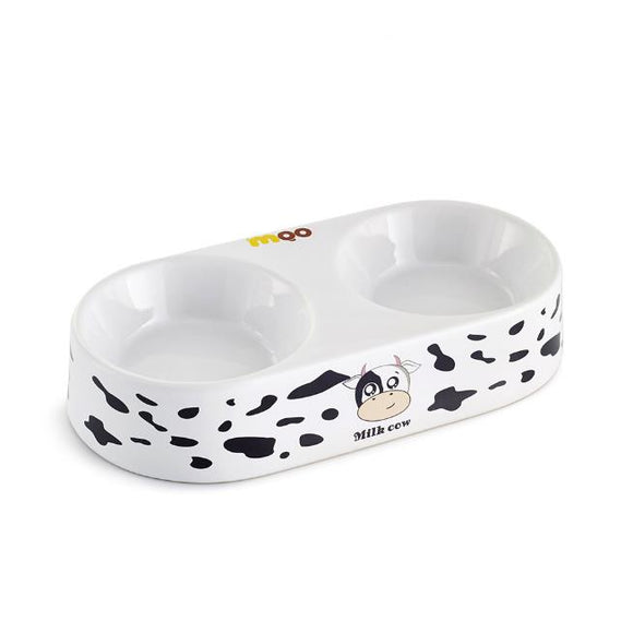 Ceramic Pet Bowl for Food and Water Bowls Pet Feeders Double Bowls Set Cute Cow Pattern