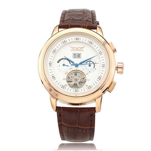 JARAGAR  Date Week Leather Band Men Luxury Mechanical Wrist Watch