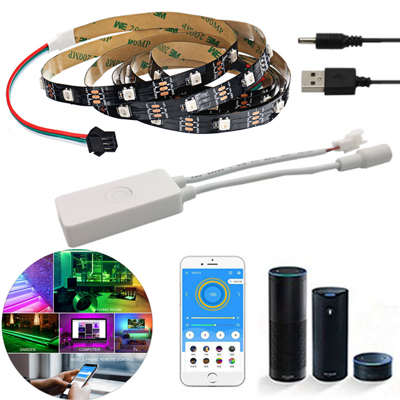 Non-waterproof WS2812 1M/2M Smart LED Strip Light+DC5-24V SP501E Controller Work White Alexa Google Assistant