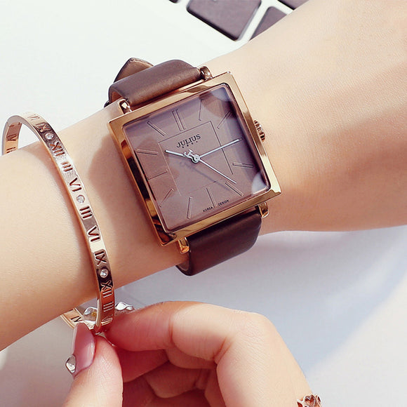 JULIUS 354 Leather Strap Classic Simple Square Dials Fashion Women Quartz Wrist Watch