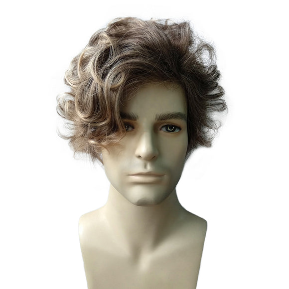 Mixed Color Fluffy Medium Men Hair Wig Heat Resistant Synthetic Fiber