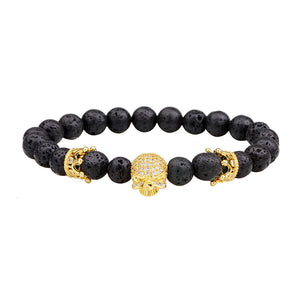 8mm Unisex Lava Rock Handmade Energy Skull Bangle Chain Rhinestone Crown Bracelet