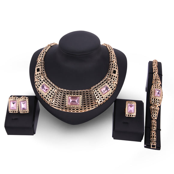 Rectangular Crystal Hollow Necklace Earrings Ring Bracelet Jewelry Set for Women