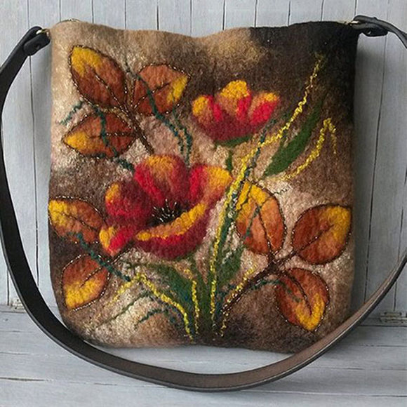 Women Colorful Leaf DIY Lamb Hair Bag Floral Printed Crossbody Bag Handbag Shoulder Bag