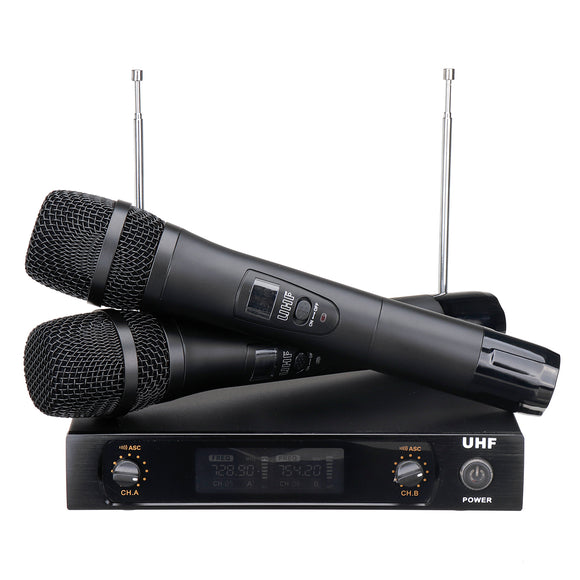 UHF 220-270MHz Wireless Microphone System Receiver Dual Mic Handheld Cordless KTV Stage