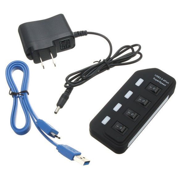4 Ports USB 3.0 Super Speed Hub with On Off Switch AC Power Adapter For Mac OS Linux Systems
