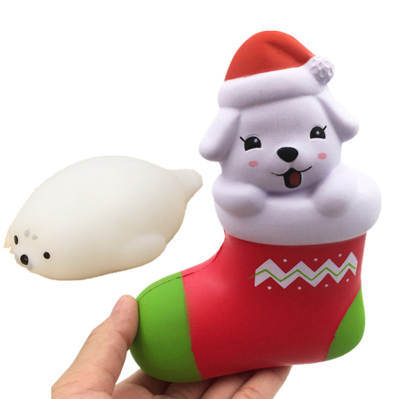 Christmas Gift 2PCS Squishy Toy Sock Dog 11.5CM MINI White Seal 4CM Jumbo