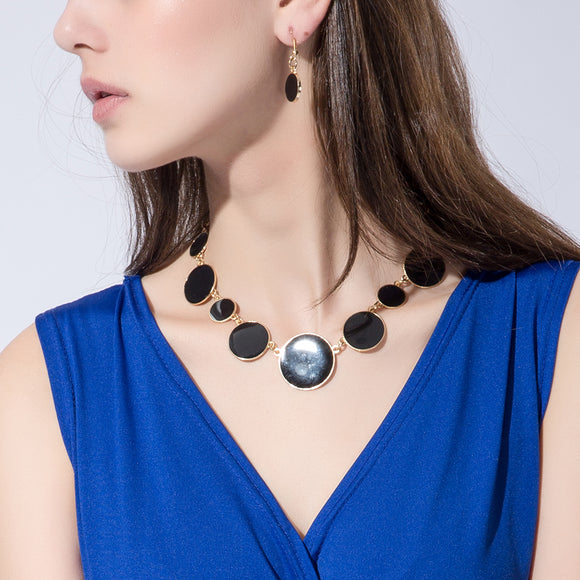 Stylish Black Enamel Alloy Jewelry Set Flat Necklace Earrings OL Gift Wholesale Women Jewelry
