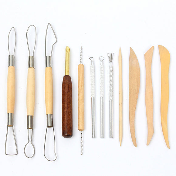 12Pcs Wood Handle Wax Pottery Clay Sculpture Carving Modeling Craft Set + Bag