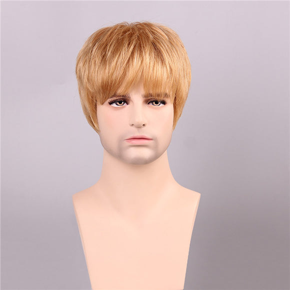 Men Human Hair Wigs Golden Brown with Blonde Short Mono Top Male Virgin Remy Capless