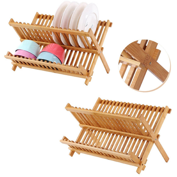 Foldable Bamboo Dish Drying Rack Plate Bowl Drainer Kitchen Storage Rack Organizer Holder 16 Grids