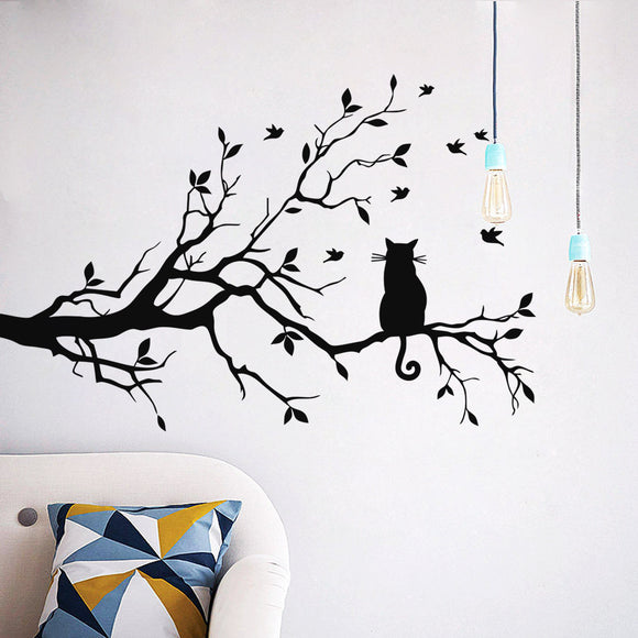 New Cute Cat On Long Tree Branch Removable PVC Wall Sticker Animals Cats Art Decal Home Decorations