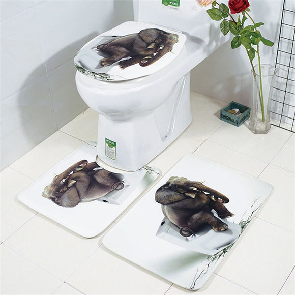 3pcs Bathroom Rug Mats Set 3D Elephant Flannel Soft Anti-slip Shower Toilet Carpet