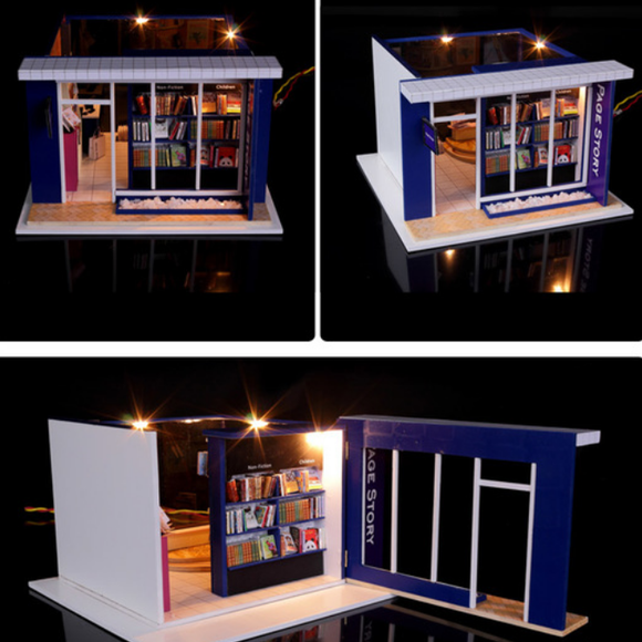 Hoomeda DIY Wood Dollhouse Miniature With LED Furniture Cover Book Store