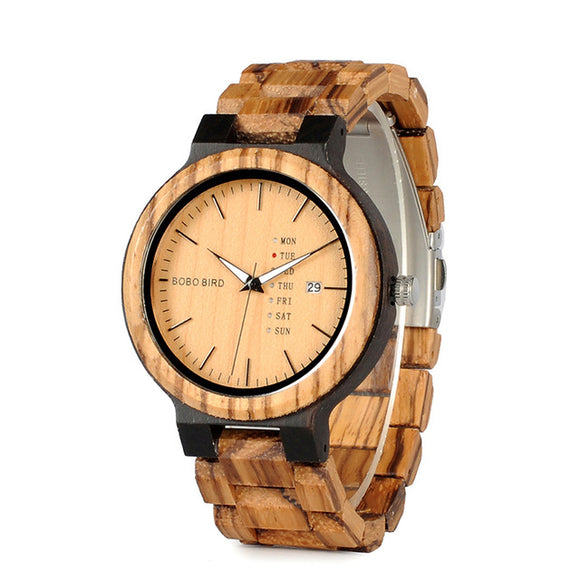 BOBO BIRD WO26 Zebra Calendar Wood Wrist Watch Bamboo Strap Unisex Watches