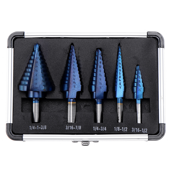 Drillpro 5pcs HSS Blue Nano Coating Step Drill Bit Set Multiple Hole 1/8 to 1-3/8 Inch 50 Sizes with Aluminum Case or Opp Bag