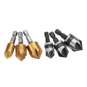 Drillpro 3pcs/Set 5 Flutes 90 Dgree Chamfer Cutter 1/4 Shank 12/16/19mm Countersink Drill Bit Kit"