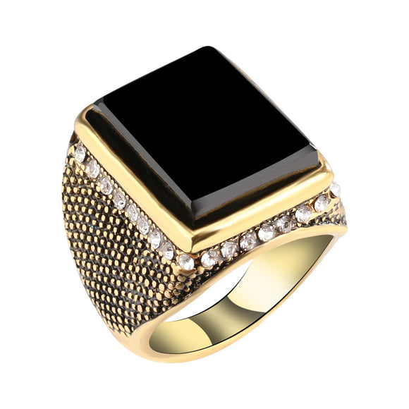 20mm Punk Resin Black Color Geometry Rhinestone Ancient Gold Finger Ring for Men