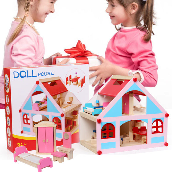 Wooden Delicate Dollhouse With All Furniture Miniature Toys For Kids Children Pretend Play