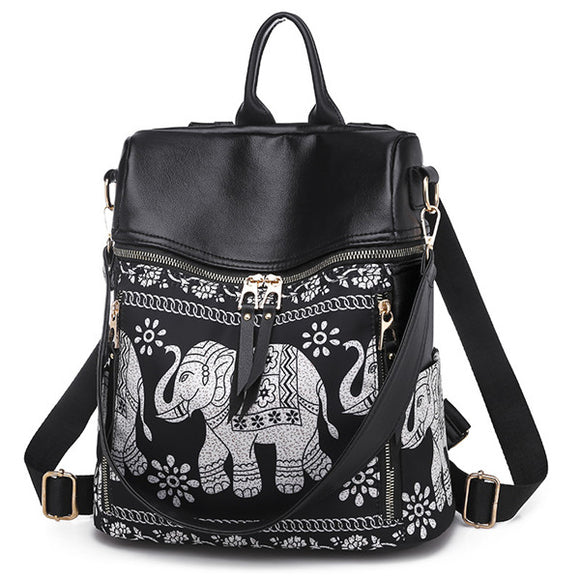 Women National Elephant Backpack PU Leather Shoulder Bag