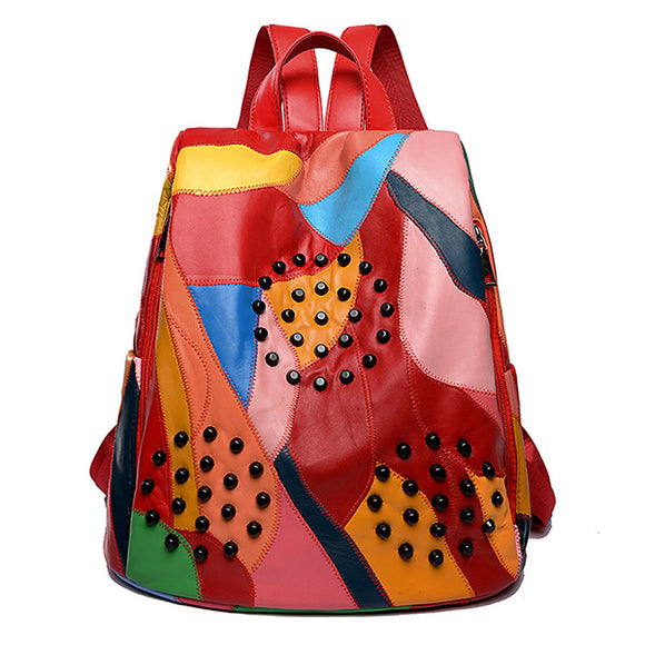 Women Genuine Leather Patchwork Handbag Shoulder Bag Backpack
