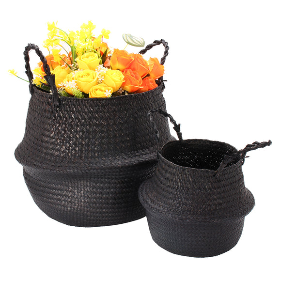 Black Seagrass Belly Basket Storage Holder Plant Pot Bag Home Decoration Storage Baskets