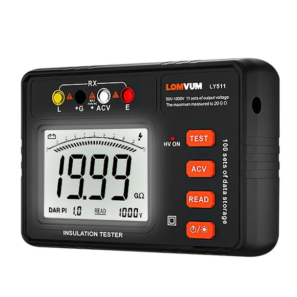 LOMVUM Digital Resistance Meter Insulation Resistance Tester 500V 1000M Smart Electrician Tool Backlit High Precision