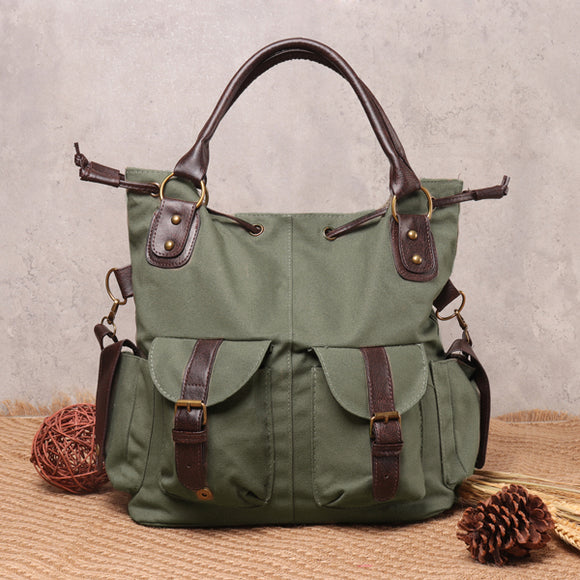 Women Casual Canvas Drawstring Handbag Multi Pocket Shoulder Bag Crossbody Bag