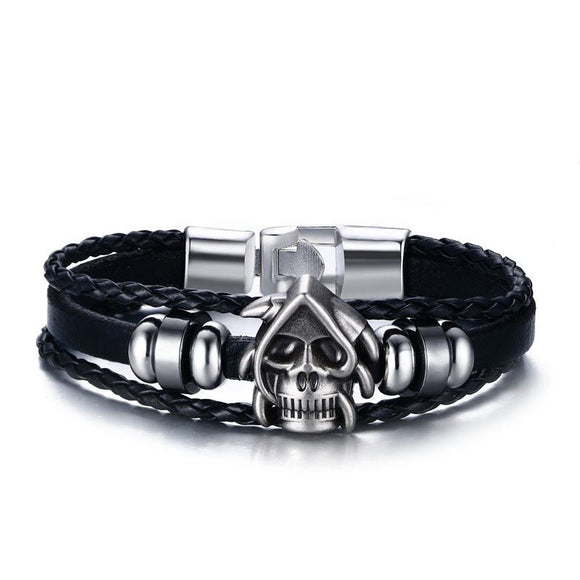 Trendy Leather Punk Skull Head Chain Vintage Men Bracelet Jewelry for Men