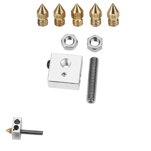 MK8 Aluminum Heating Block + 1.75mm 0.2/0.3/0.4/0.5/0.8mm Nozzle + M6*30mm Throat Kit For 3D Printer