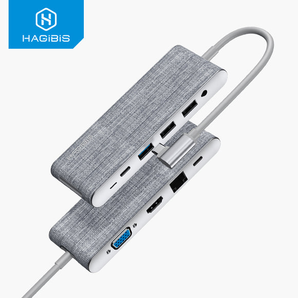 Hagibis USB-C Hub Docking Station Adapter With 4K HDMI HD Display / 1080P VGA / 100W USB-C PD3.0 Power Delivery / USB-C Data Transmission Port / 3.5mm Audio Jack / USB 3.0 / USB 2.0 * 2 / Memory Card Readers