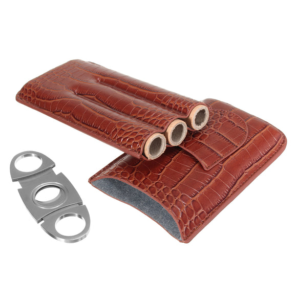 Brown Leather Crocodile Pattern Travel Cigar Case 3 Tube With Cigarette Cutter Set