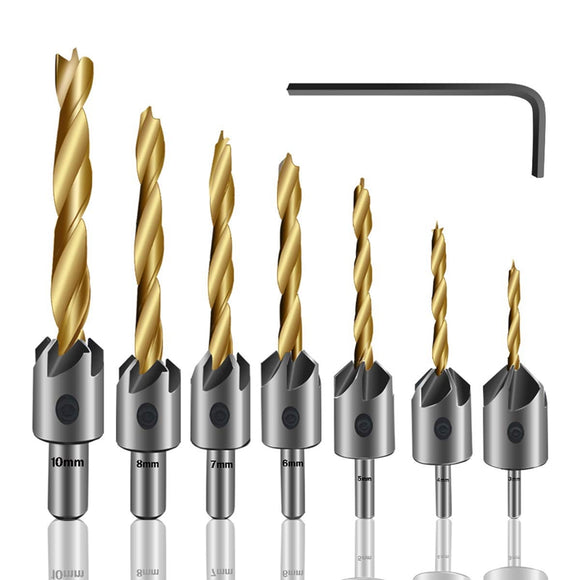 7pcs 3-10mm Countersink Drill Bit Carpentry Woodworking Boring Tool Round Shank With Hex Key