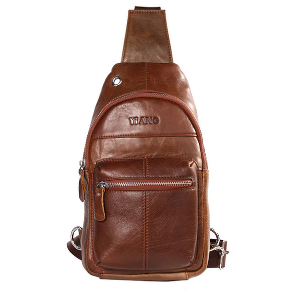 Men Genuine Leather Brown Chest Pack Crossbody Shoulder Bag Travel Sling Bag
